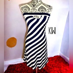 KIWI Women’s blue and white striped strapless dress- Small
